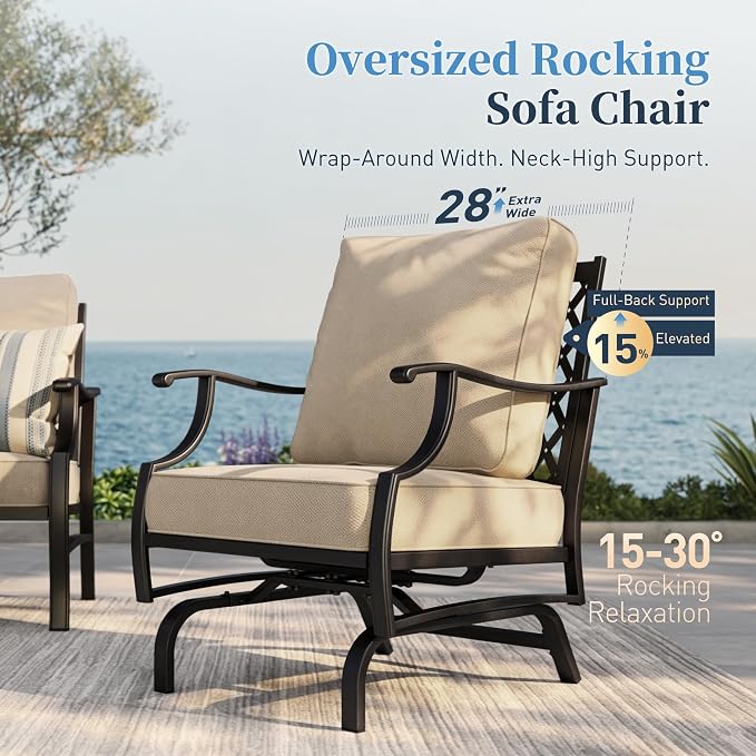 SUNSHINE VALLEY Patio Furniture Set with Firepit Table, 5 Piece Metal Outdoor Patio Furniture Set for 4, 4 Rocking Chairs with 5.75" Extra Thick Cushion and Gas Firepit Table for Backyard Deck Garden