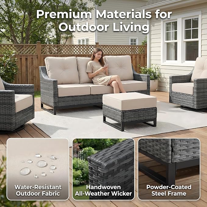 5-Piece Outdoor Patio Furniture Set, Grey Wicker Conversation Set with Sofa, 2 Swivel Chairs and 2 Ottomans, 6-Inch Beige Cushions for Deck, Backyard, Poolside