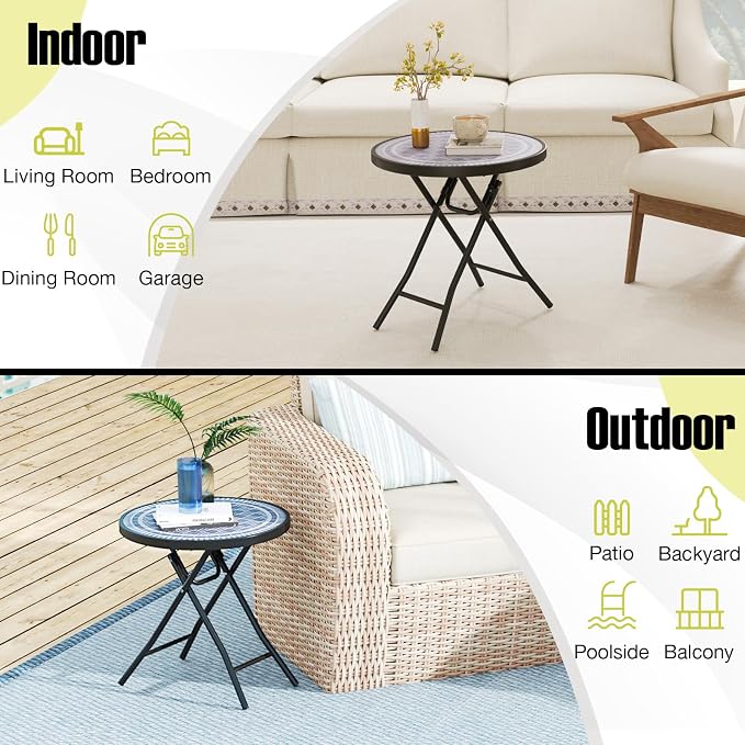 Tangkula Round Folding Side Table, 18 Inch Patio Coffee Table with Tempered Glass Tabletop and Metal Frame, Indoor Outdoor Small Side Table for Yard, Balcony, Porch, Poolside (Grey,2)