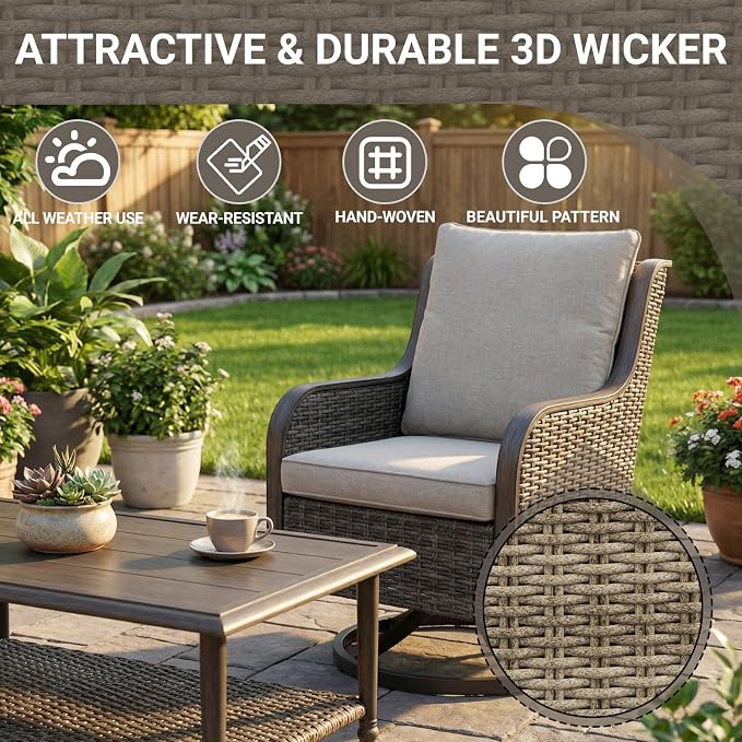 5 Piece Wicker Patio Furniture Set, Outdoor Conversation Set with Deep Seating Swivel Chairs Set of 4 and Rattan Coffee Table, Outdoor Furniture Set for Porch Balcony Garden Poolside (Brown/Beige)