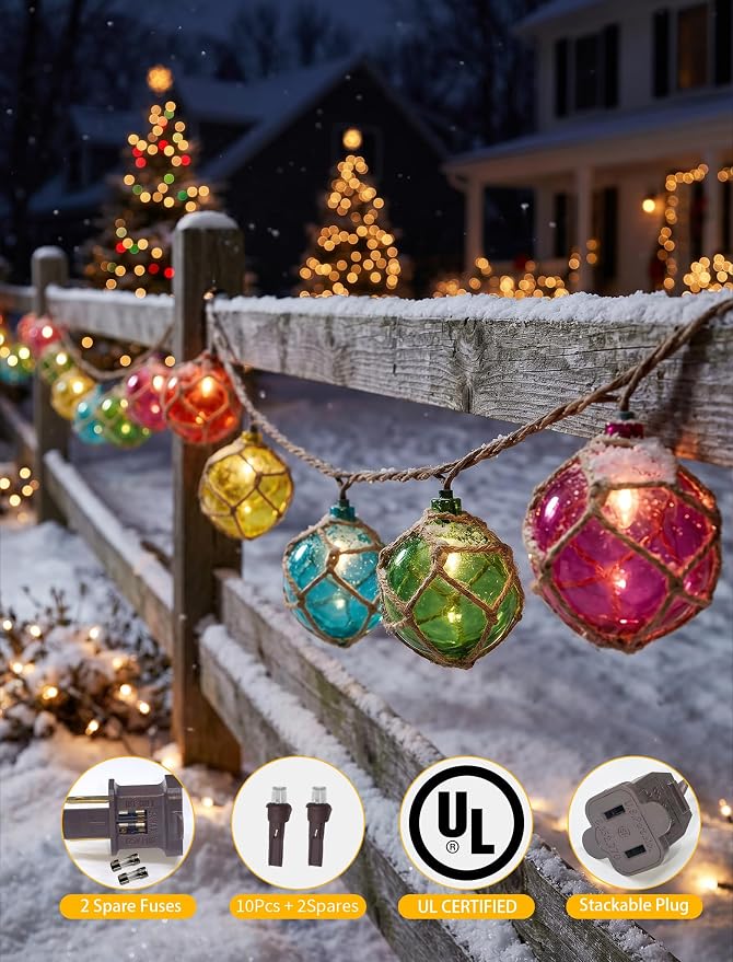 8.5 Ft 10L Multicolor Nautical Fishing Float String Lights Set of Fish Net | Waterproof，Plug in Beach Themed Buoy Lights for Indoor Party, Tiki Bar, Home, Camping Outdoor Patio Decorations