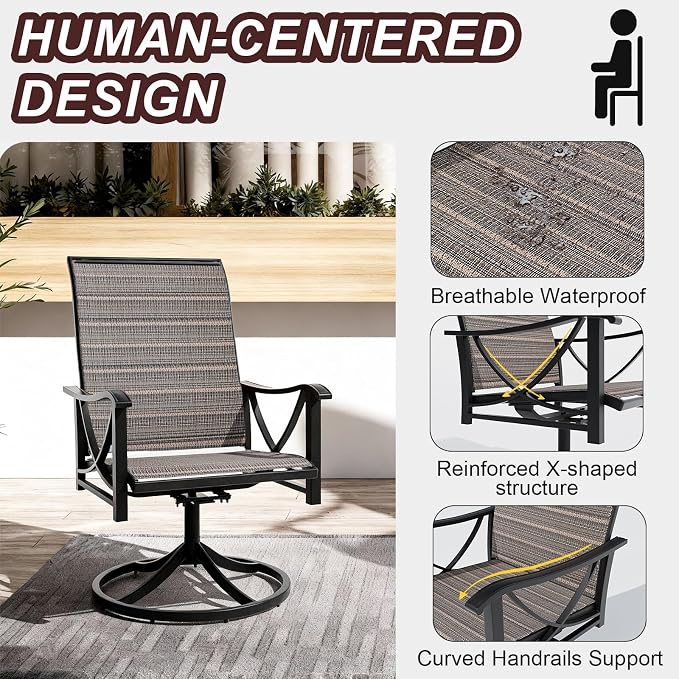 Gotland Patio Swivel Chairs Set of 4, Outdoor Dining Chairs with Breathable Teslin Seat Cushion & Backrest, 360° Outdoor Swivel Chairs with Metal Frame, Patio Dining Chairs for Deck Garden Brown