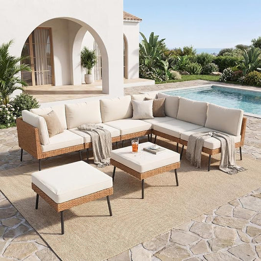 Aoxun 8 Piece Patio Furniture Set, 8 Seats Outdoor Sectional Sofas with Thick Cushion, Wicker Patio Outdoor Furniture Set with Ottomans for Party, Garden, Backyard, Beige