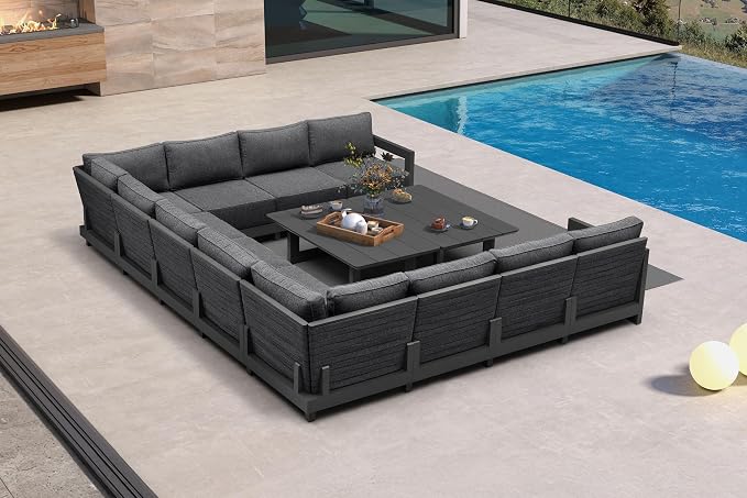 PURPLE LEAF Patio Furniture Set U-Shaped Outdoor Couch with 9.6" Thick Cushion and Soft Pillows 13 Piece Outdoor Sectional Sofas with Table Modern Outdoor Conversation Sets for Yard Porch Deck, Grey