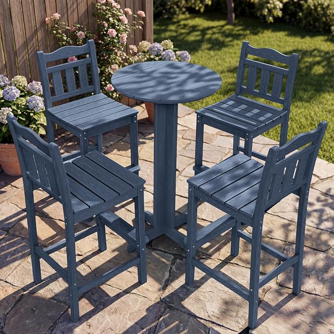 Outdoor Round Bar Table, 43 Inch All-Weather HDPE Bar Height Pub Table with Adjustable Feet, Heavy Duty High Top Bistro Table for Garden, Deck, Poolside,Backyard (Navy Blue)