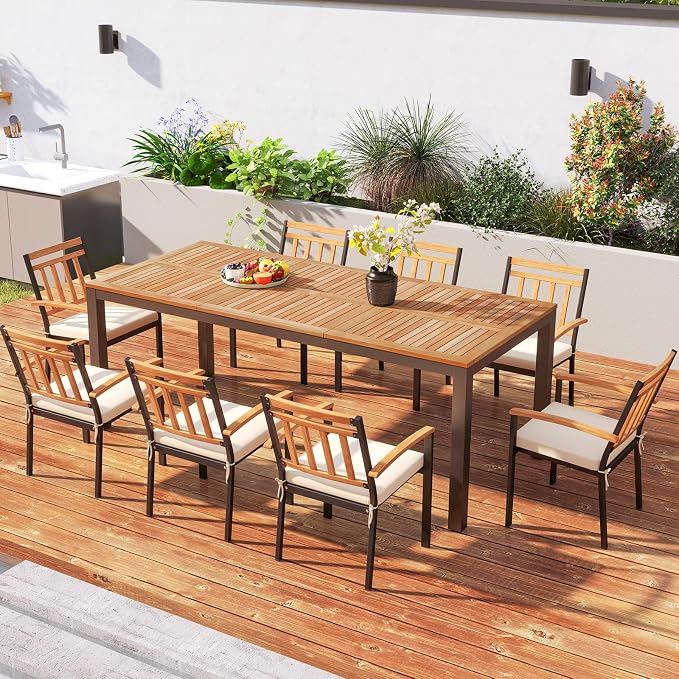 RELAX4LIFE Patio Outdoor Dining Table for 8, 79’’ x 35.5’’ Acacia Wood Rectangular Table w/Slatted Top, Umbrella Hole & Metal Legs, Indoor Outdoor Picnic Bistro Table, 8-Person Patio Dining Table