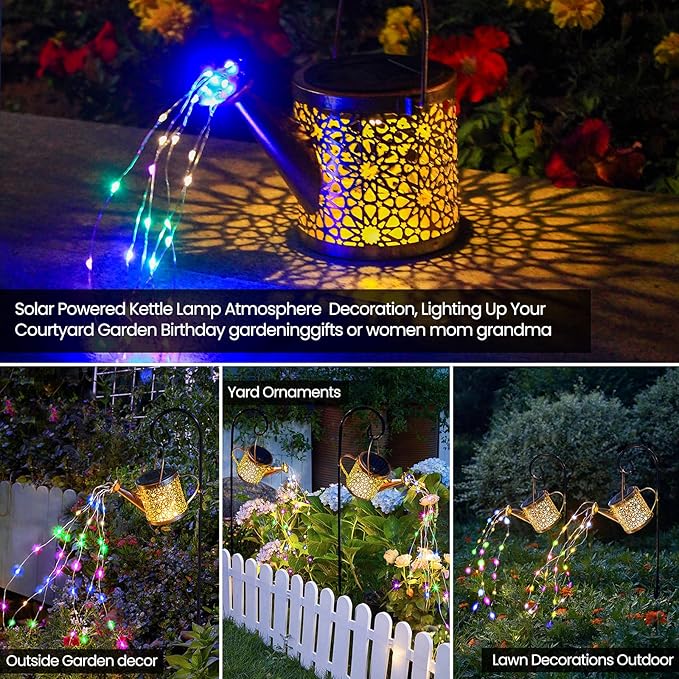 Solar Lights Outdoor Decorative, 2 Pack Metal Solar Watering Can Lights Waterproof, Small Hanging Garden Decor Yard Lights Outside Patio Lawn, Gifts for Mom Grandma Women Birthday(Colorful)