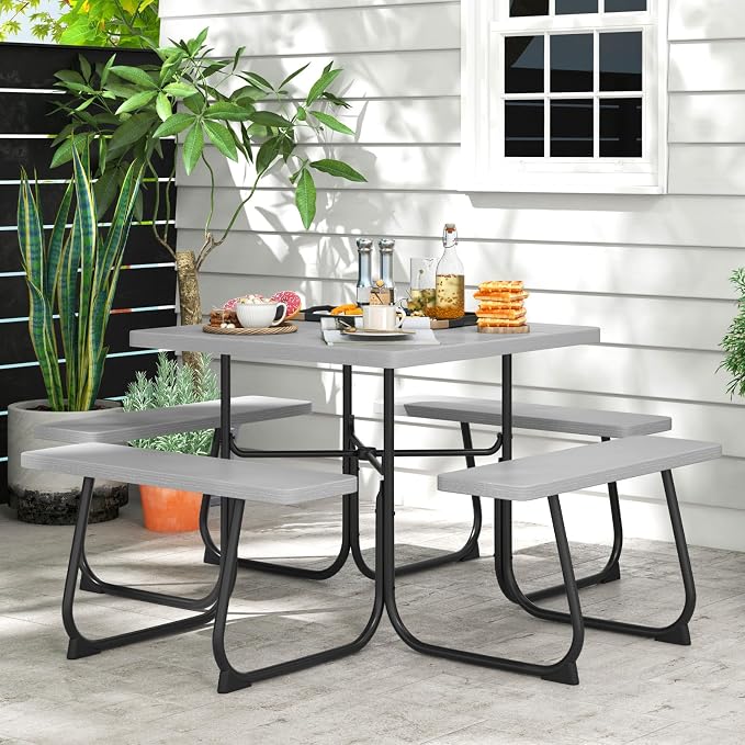HAPPYGRILL 4-8 Person Square Picnic Table Bench Set with Umbrella Hole, Outdoor Camping Table with HDPE Material and Sturdy Metal Frame for Patio, Garden and Backyard, Gray