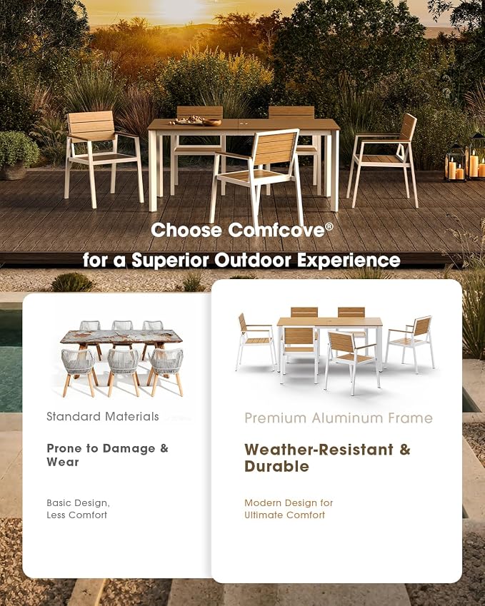 Outdoor Dining Set for 6, Aluminum Patio HDPS Outdooor Table and Chairs Set with Umbrella Hole, All Weather Patio Furniture Set, 7 Peice Patio Dining Table Set (White & Teak)