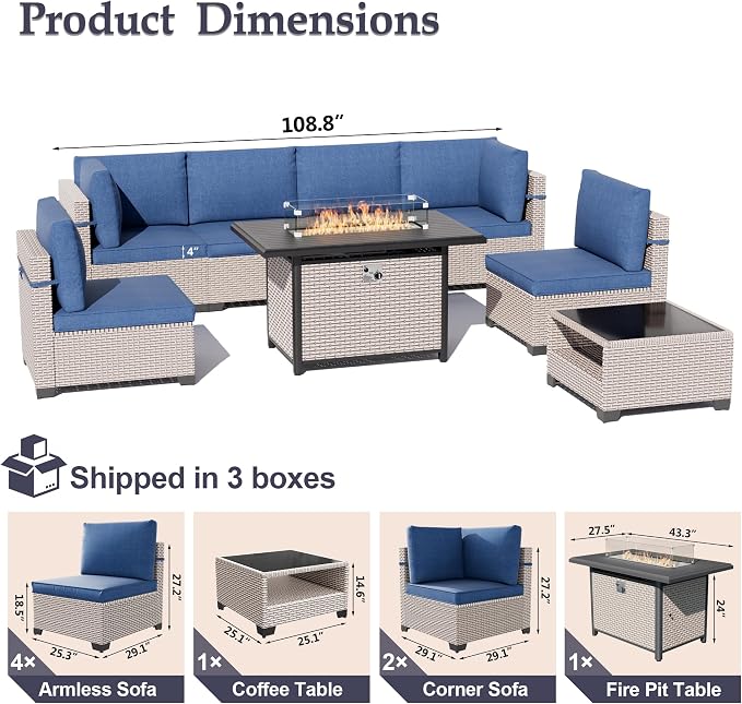 Patio Furniture Set, 8-Piece Outdoor Sectional Sofa with 60,000 BTU Fire Pit Table & 2-Layer Glass Coffee Table, Wicker Patio Conversation Set with Blue Cushions