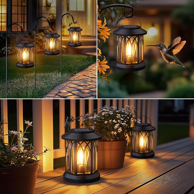 Hanging Solar Lanterns Outdoor Waterproof - 2 Pack Lanterns Decorative Outdoor Patio Decor with Clip Solar Lantern for Outside - Outdoor Lanterns for Patio Garden Waterproof Gifts for Women Mom Family