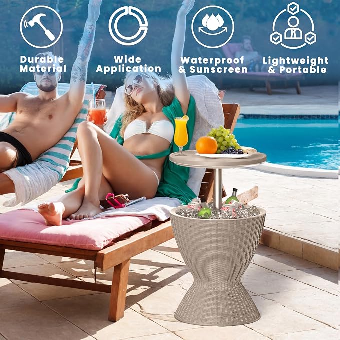 Outdoor Cooler Table – Adjustable Height with Built-in Ice Cooler Side Table, Resin Cool Bar for Patio, Party, Pool, Garden (Gray)