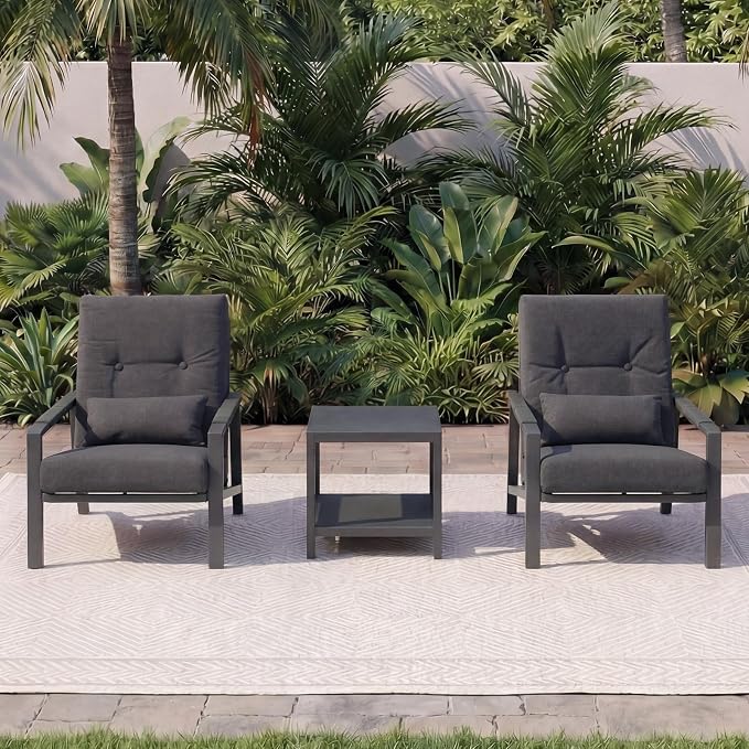 3-Piece Small Patio Set, Gray Aluminum Outdoor Furniture Set with Loveseat, 2 Chairs & Coffee Table, Metal Patio Conversation Set with Thick Cushions, Weather-Resistant