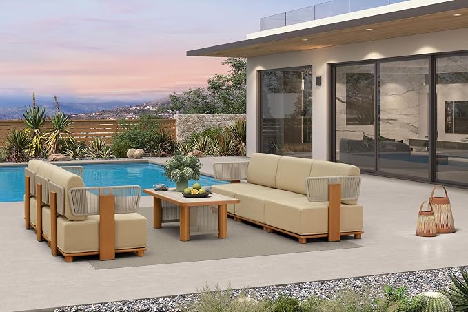 PURPLE LEAF Patio Furniture Set Modular Open-End Outdoor Sectional Sofa with 11" Thick Olefin Cushion 7-Piece Outdoor Conversation Set with Coffee Lights & Table for Patio Backyard Poolside, Beige