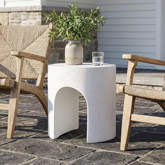HOMPUS Outdoor Side Table, Concrete End Table w Arch Design, Round Patio MgO Coffee Lightweight Table, Modern Accent Stone Garden Stool for Indoor Outdoor Use, Spotted White