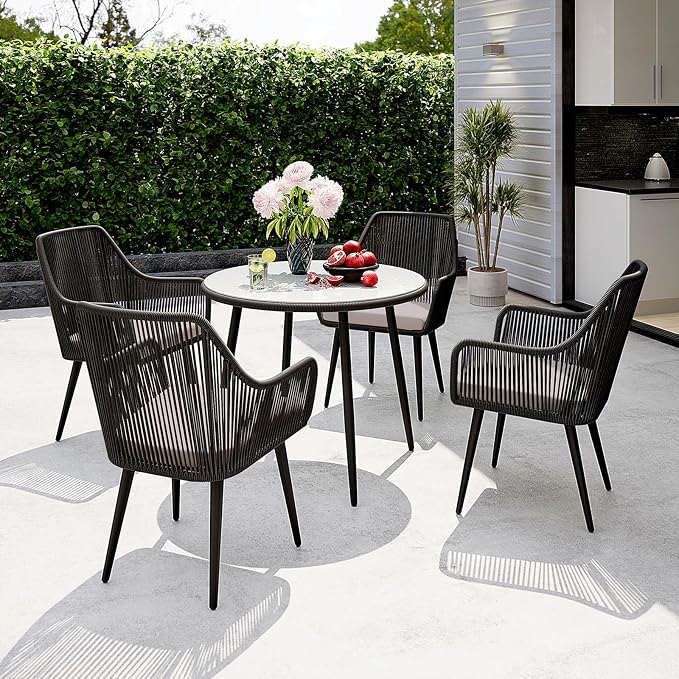 Patiorama Outdoor Dining Table, 35'' Patio Round Table, All-Weather Rope Rattan Wicker Patio Dining Table, Patio Tempered Glass Table w/Umbrella Hole, Outdoor Coffee Table for Lawn Garden Pool(Black)