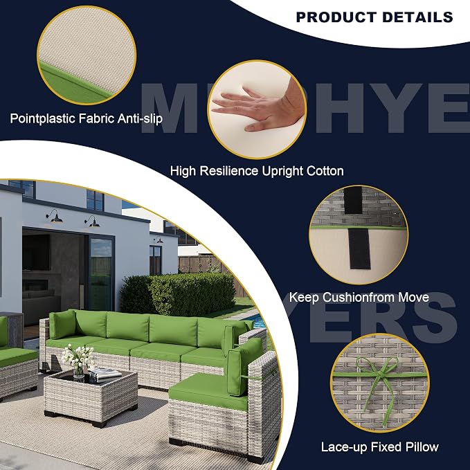 7-Piece Outdoor Patio Furniture Set, PE Wicker Rattan Sectional Sofa Conversation Set with Tempered Glass Table & Thick Cushions - All-Weather Garden, Backyard Furniture, Avocado Green