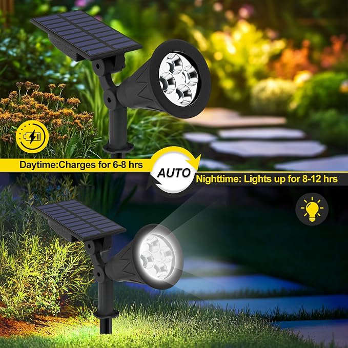 T-SUN Solar Spot Lights Outdoor Waterproof,Solar Landscape Spotlights,1Pack | Cool White, 4 LEDs, 2 Lighting Modes, IP65 Waterproof Dusk to Dawn Solar Lights for Tree, Patio, Yard, Garden, Driveway