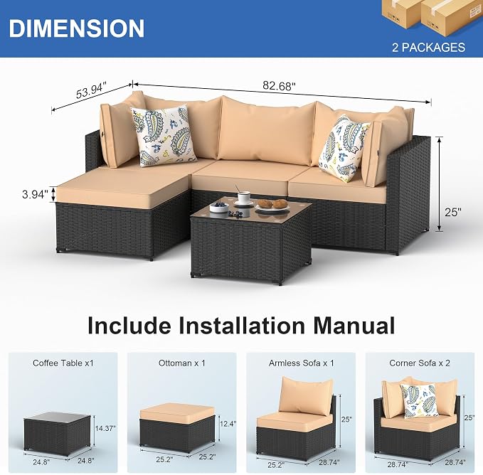 Patio Furniture Set, 5PCS Patio Sectional with Ottoman Wicker Rattan Outdoor Furniture with Thickened Cushion Modular Wicker Patio Conversation Set with Glass Top Table for Balcony, Backyard(Khaki)