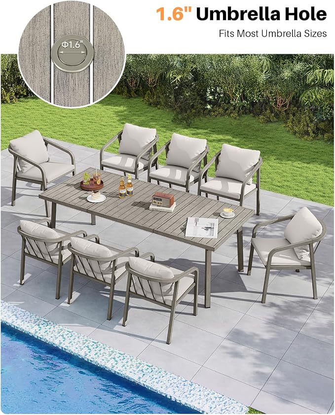Outdoor Dining Table for 8, Never-Rust Aluminum Patio Dining Table, 82"×35" Large Rectangle Patio Table with Umbrella Hole, Outdoor Table with Wood-Like Texture for Deck, Porch, Gray Oak