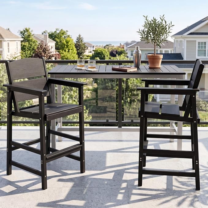 HDPE Outdoor Bar Chairs Set of 2, 28.5" Seat Height Bar Height Patio Stools with Armrest & Back, Heavy Duty All Weather High Top Chairs for Porch/Poolside/Deck, 400lb Capacity, Black