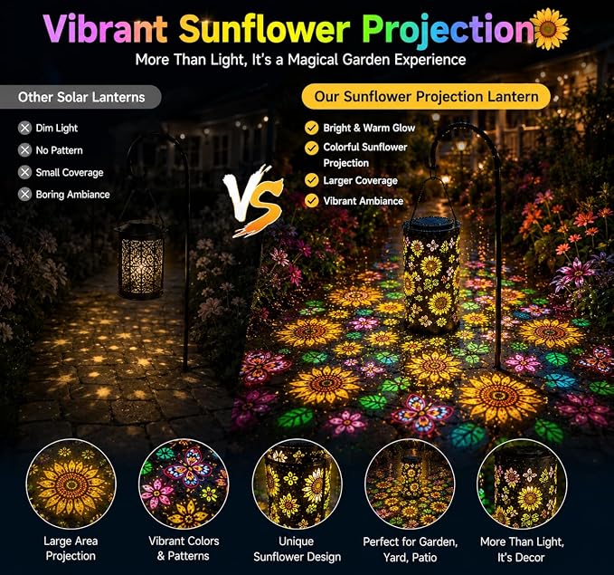 Colorful Sunflower Glow Solar Lantern, IP55 Waterproof Solar Garden Lantern with Multicolor Sunflower Projection, Outdoor Decorative Light for Patio, Yard and Garden