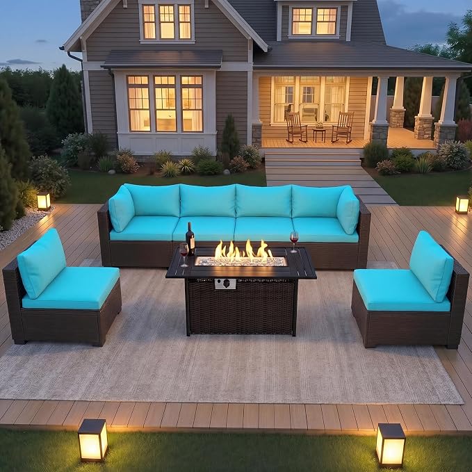 CHABATREE 8-Piece Wicker Patio Conversation Set with 44" Propane Fire Pit Table, Cozy Outdoor Sectional Sofa for Backyard Gatherings, Poolside Lounging & Garden Parties