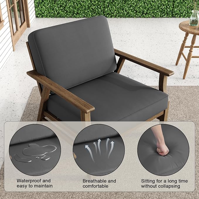 3 Piece Wood Outdoor Chairs Patio Bistro Set, Outdoor Armchair All Weather Patio Sofa Furniture Backyard Conversation Sets with Wooden Side Table - Dark Gray