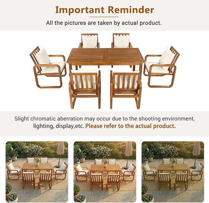 RUNNA 7 Pieces Outdoor Patio Dining Table Set with Removable Cushions, Modern Armrests and Spacious Table, Outdoor Furniture Set for Backyard, Garden Entertaining (Brown-A7)