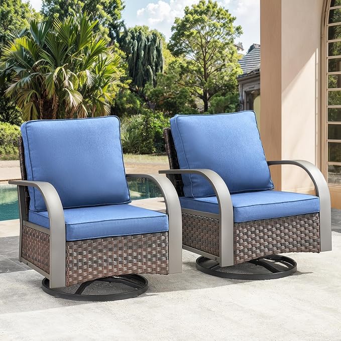 HUMMUH Patio Swivel Glider Outdoor Chair-All Weather Rattan Wicker Patio Swivel Rocking Chairs Porch Chair for Deck Porch Lawn Garden Backyard-Brown/Blue