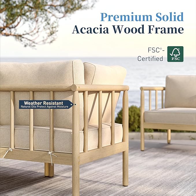 SUNSHINE VALLEY Patio Furniture,Acacia Wood Outdoor Sectional Sofa with 5.5" Ultra-Thick Cushions,Patio Conversation Set,Lawn Garden Backyard Couch Set with Nesting Tables,Beige