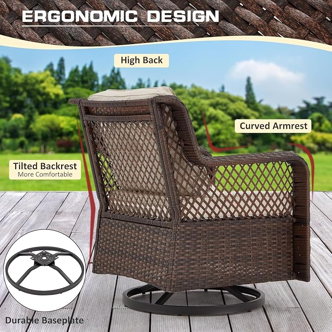 6 Pieces Wicker Patio Furniture Set Conversations Sets, 2 Outdoor 360° Swivel Chairs, Patio Swivel Chair with Table and Ottoman for Garden, Poolside, Backyard (Beige)