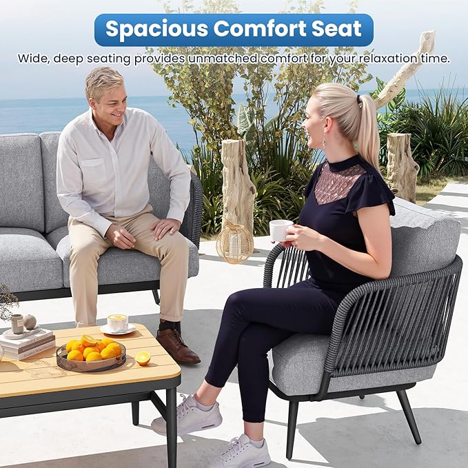 Jocoevol Outdoor Patio Furniture Set 5-Piece, Outdoor 4-Seat Sofa with Coffee Table, Waterproof Thick Cushion Patio Conversation Set, All Weather Outdoor Couch Set for Deck, Lawn, Balcony, Porch