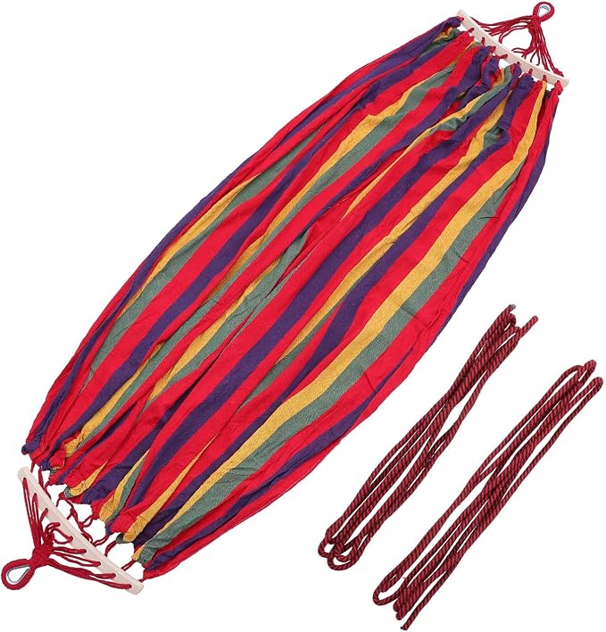 Kisangel Outdoor Striped Canvas Hammock Single Person 190x150cm with Curved Bar, Duckbill Buckle, Hanging Rope and Carry Bag for Camping Hiking Travel Patio Swing
