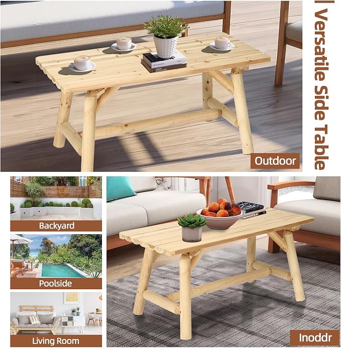 HOMEDIARY Wooden Adirondack Log Side Table, Cedar Wood Outdoor Rectangular End Table w/Slatted Tabletop, Oversize 41.5” Indoor Outdoor Patio Side Coffee Table for Garden Patio Backyard Porch, Natural
