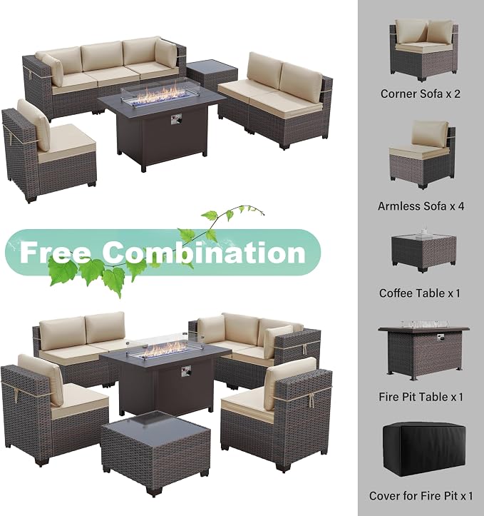 ALAULM 8 Pieces Patio Furniture Set with Aluminum Fire Pit Table Outdoor Furniture Sets 55000BTU Gas Fire Pit Brown PE Rattan Wicker Patio Conversation Sets w/6 Cushions-Sand