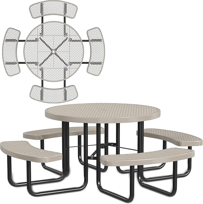 Leisure Craft Metal Picnic Table with Bench - 46" Round Outdoor Dining Table for 8 with Umbrella Hole, Weatherproof Heavy Duty Thermoplastic Coating, Commercial Grade Furniture Made in USA - Beige