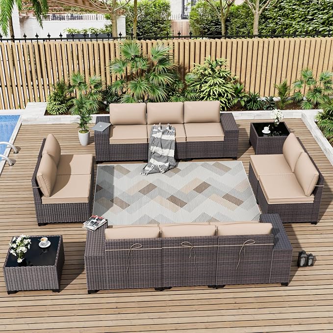ALAULM 12 Pieces Outdoor Patio Furniture Set Sectional Sofa Sets Brown PE Rattan Patio Conversation Set w/10 Sand Seat Cushions and 2 Coffee Tables