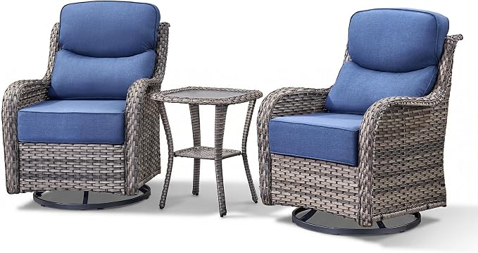 Luxury Outdoor Swivel Rocker Patio Chairs-3 Piece Wicker Patio Rocking Chairs Set of 2 with Glass Side Table 6" Thick Cushions High Back Outdoor Furniture Sets for Deck Porch Balcony(Grey/Blue)