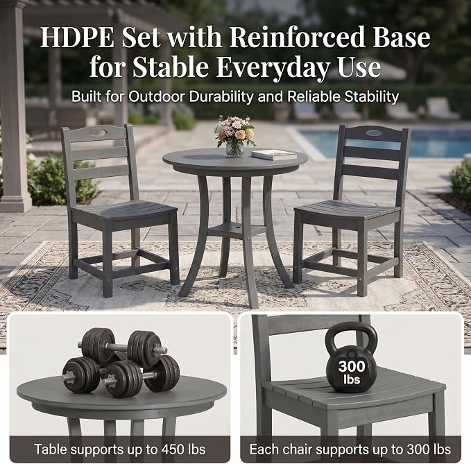 WILLIAMSPACE 29.72" 3-Piece Patio Dining Set, Outdoor All Weather HDPE Round Dining Table with Umbrella Hole & 2 Chairs, Patio Bistro Set for Backyard, Balcony, Lawn, Poolside, Kitchen (Grey)