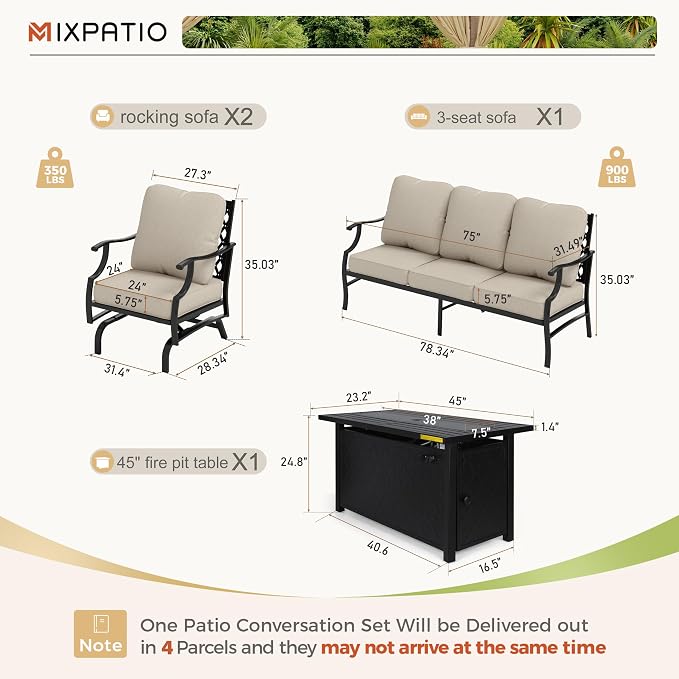 MIXPATIO Patio Furniture Set with Firepit Table, 4 Pcs Metal Outdoor Conversation Set, 2 Rocking Chairs and 3 Seater Sofa with 5.75" Extra Thick Cushion and Gas Fire pit Table for Backyard Deck, Beige