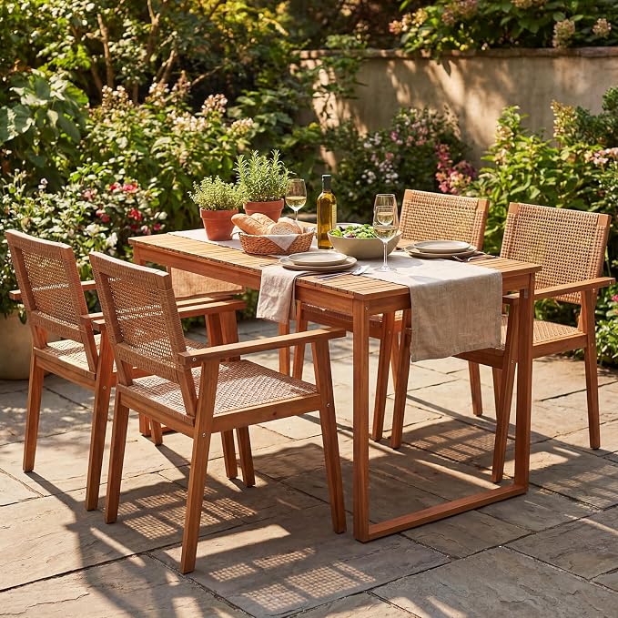 Tangkula 5 Pieces Acacia Wood Outdoor Dining Set, Outdoor Wood Table and Rattan Chairs for 4, Patio Dining Sets for Balcony Poolside Garden Backyard