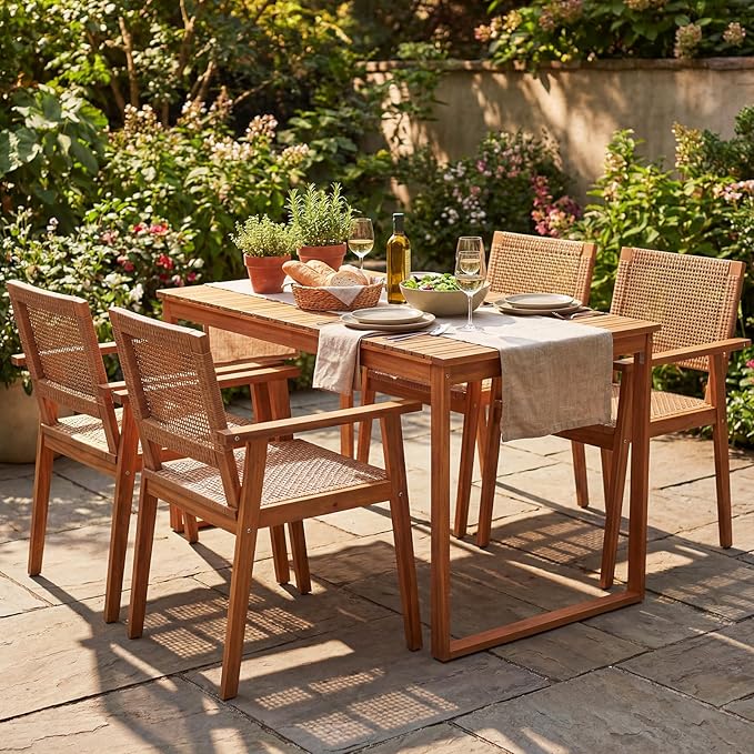 COSTWAY Outdoor Dining Set for 4, 5 Pieces Acacia Wood Table and Armchairs Set with Rattan Backrest and Seat, Adjustable Foot Pads for Patio, Backyard, Deck, Poolside