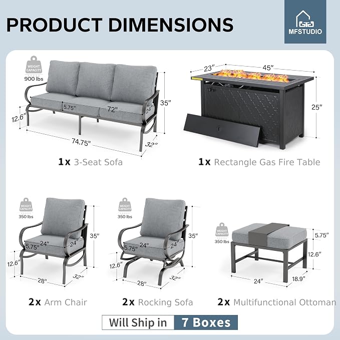 MFSTUDIO 8 Pieces Patio Furniture Sets with 45" Gas Fire Pit Table(Up to 9 Seat), Outdoor Metal Conversation Sofas with 1 x 3-Seat Sofa, 2 Single Chairs, 2 Rocking Chairs and 2 Ottoman, Grey Cushion