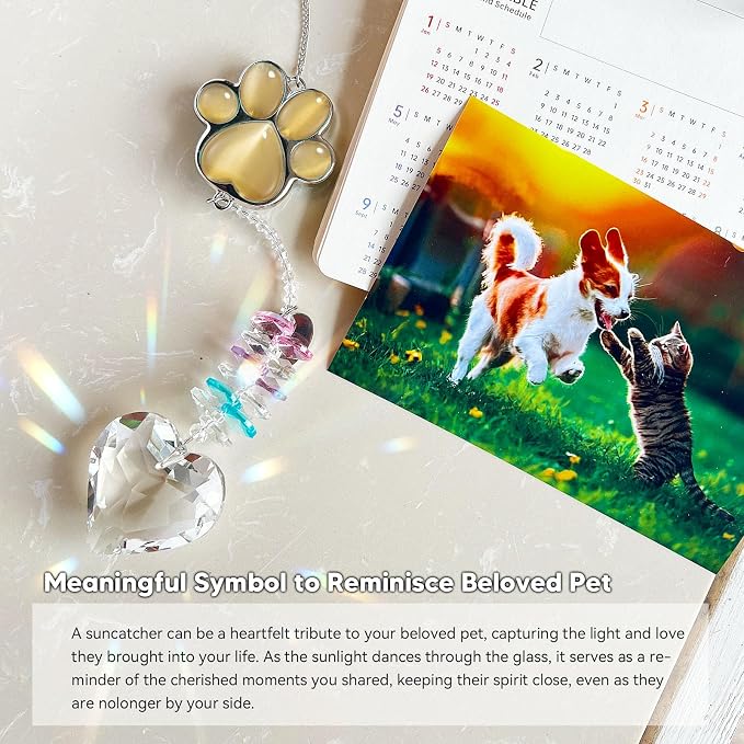 Dog Memorial Gifts, Pet Memorial Suncatcher, Loss of Dog Sympathy Gift | Thoughtful Dogs and Cats Bereavement Remembrance Gifts, Natural Cat's Eye Stone Paw Crystal Suncatcher