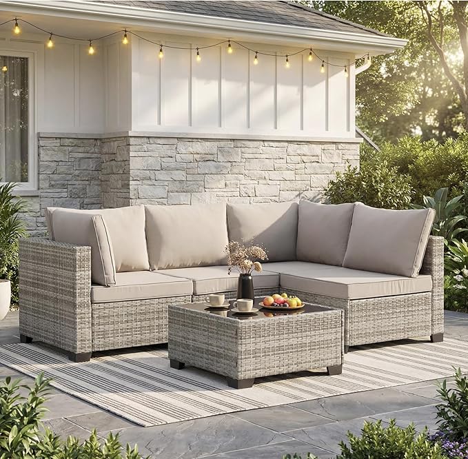 ANJ 5 Piece Outdoor Wicker Patio Furniture Set, Modular Loveseat Sofa with with Glass Top Coffee Table, All-Weather Rattan Conversation Couch Set for Balcony, Backyard, Light Grey Wicker-Grey