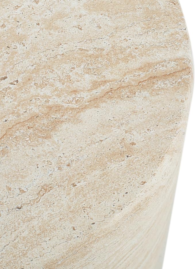 Outdoor Side Table Marble Cylinder Side Table Travertine End Tables Faux Stone Small Coffee Tables for Patio, Garden Stool Plant Stand for Porch Backyard, ﻿﻿Weather Resistant, MgO, Beige