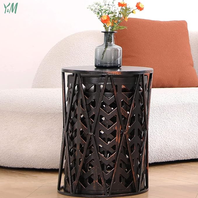Y&M Outdoor Side Tables Set of 3, Nesting Metal End Coffee Tables, Indoor Round Accent Metal Tables for Patio, Porch, Balcony, Garden, Sunroom, and Living Room, Black with Bronze