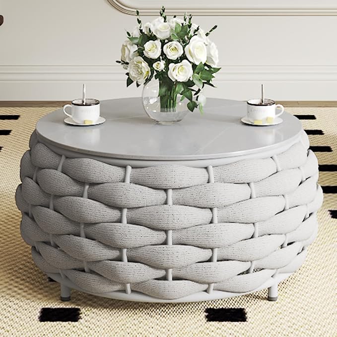 TWT Outdoor Coffee Table for Patio Table Rope Patio Coffee Table Lawn Garden Small Coffee Table with Rock Slab Top All-Weather, 25.6in(Textilene Rope, Light Grey)
