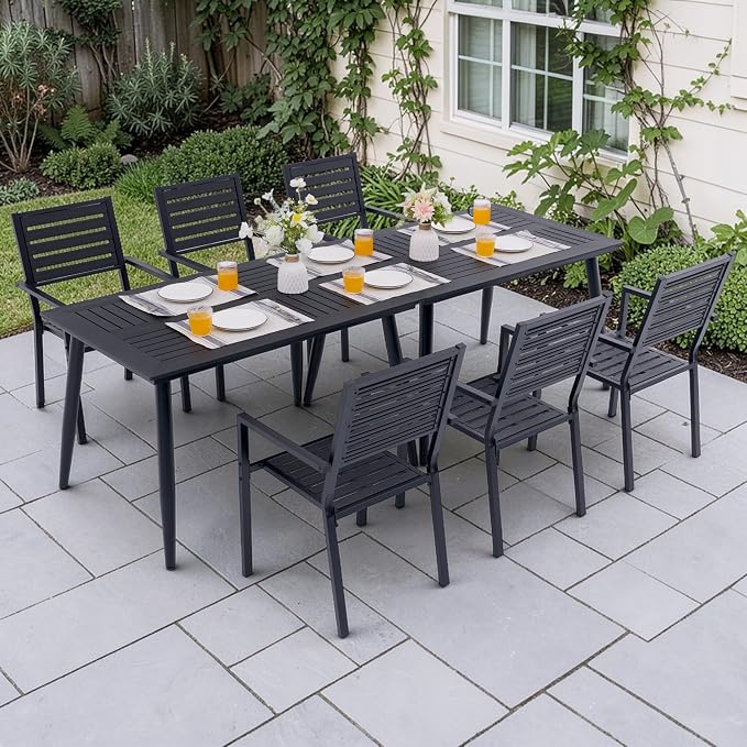 8-Piece Outdoor Dining Set - Two 47.25" HDPE Patio Tables and 6 Stackable Armrest Chairs - All-Weather Rust-Proof Steel Frame for Garden, Deck(Black)